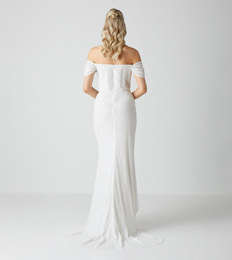 Draped Bardot Cap Sleeves Wrap Skirt Wedding Dress