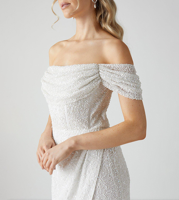 Draped Bardot Cap Sleeves Wrap Skirt Wedding Dress