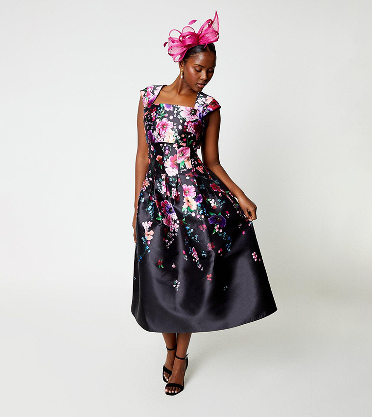 Pleat Shoulder Placement Midi Dress