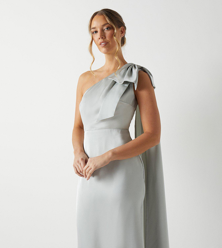Bow and Drape Detail One Shoulder Satin Bridesmaids Dress