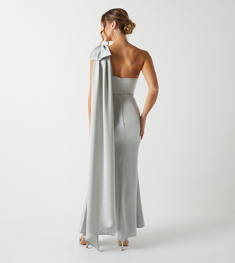Bow and Drape Detail One Shoulder Satin Bridesmaids Dress