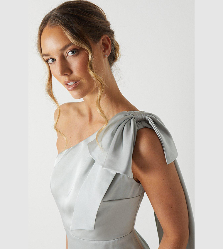 Bow and Drape Detail One Shoulder Satin Bridesmaids Dress