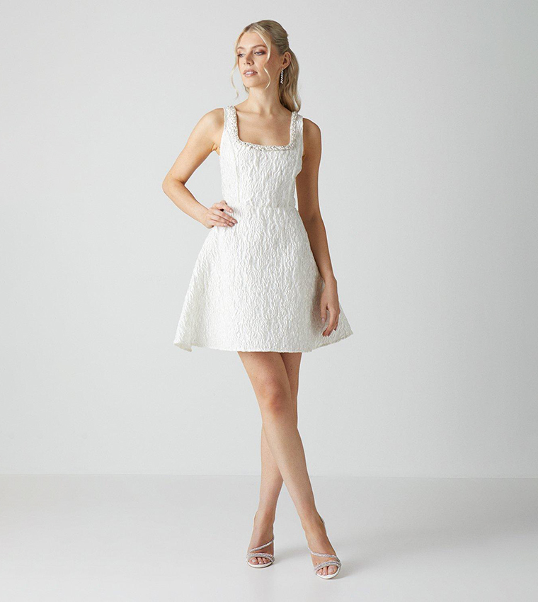 Jacquard Full Skirted Mini Dress with Jewel Trim