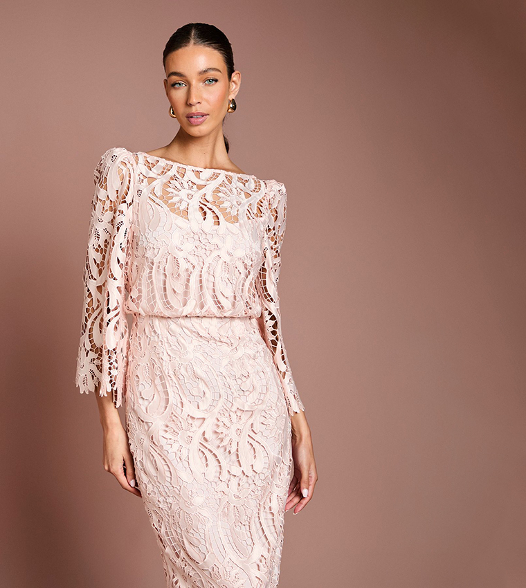 Fluted Sleeves Satin Lace Boat Neck Midi Dress