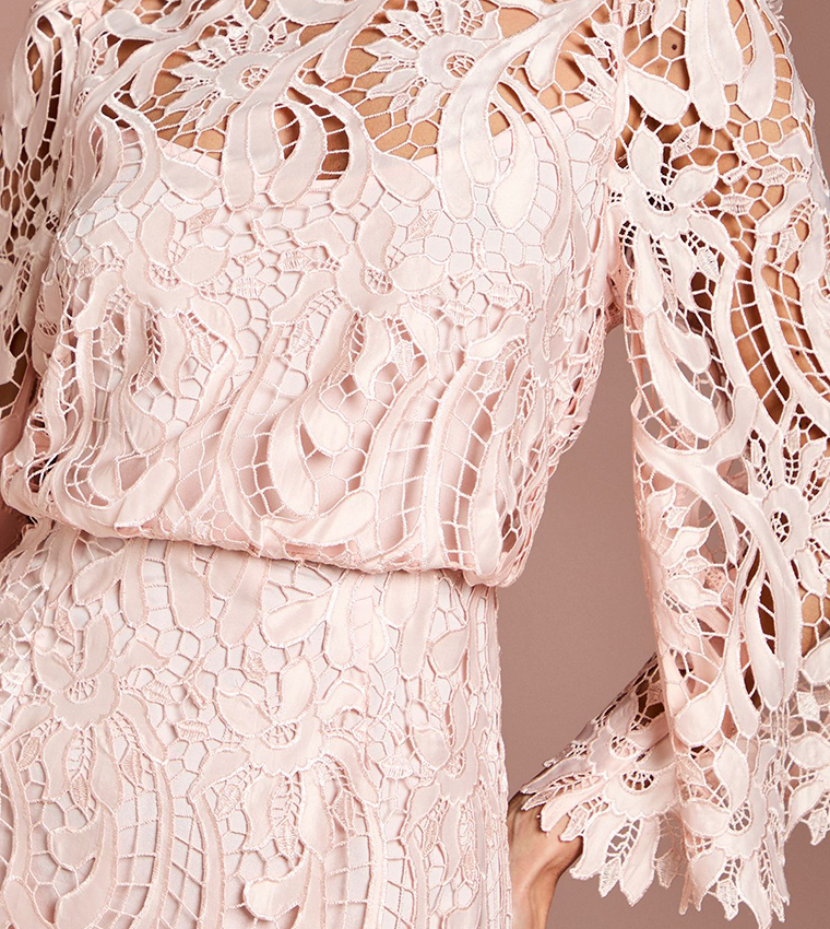 Fluted Sleeves Satin Lace Boat Neck Midi Dress