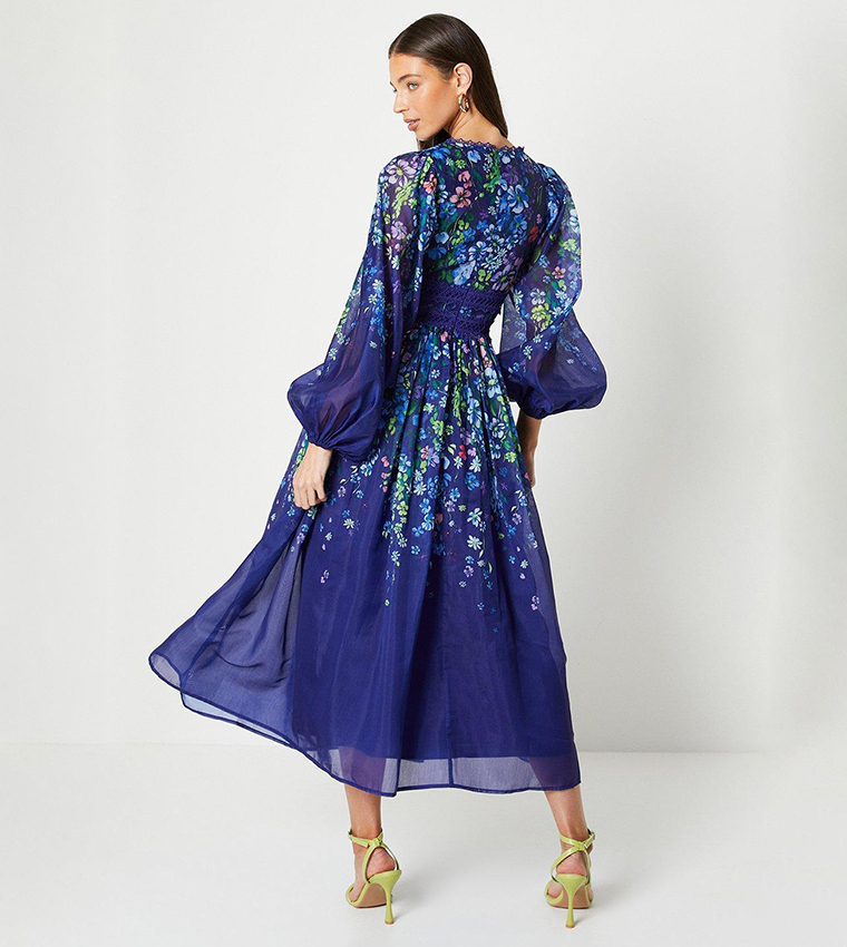 Organza Floral Placement Lace Trim Midaxi Dress