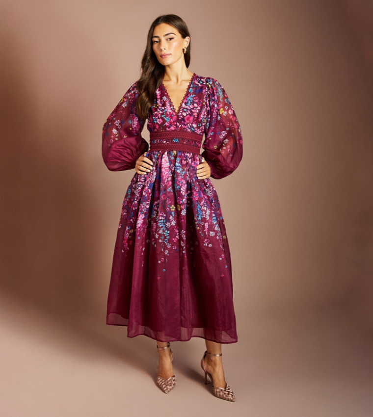 Organza Floral Placement Lace Trim Midaxi Dress