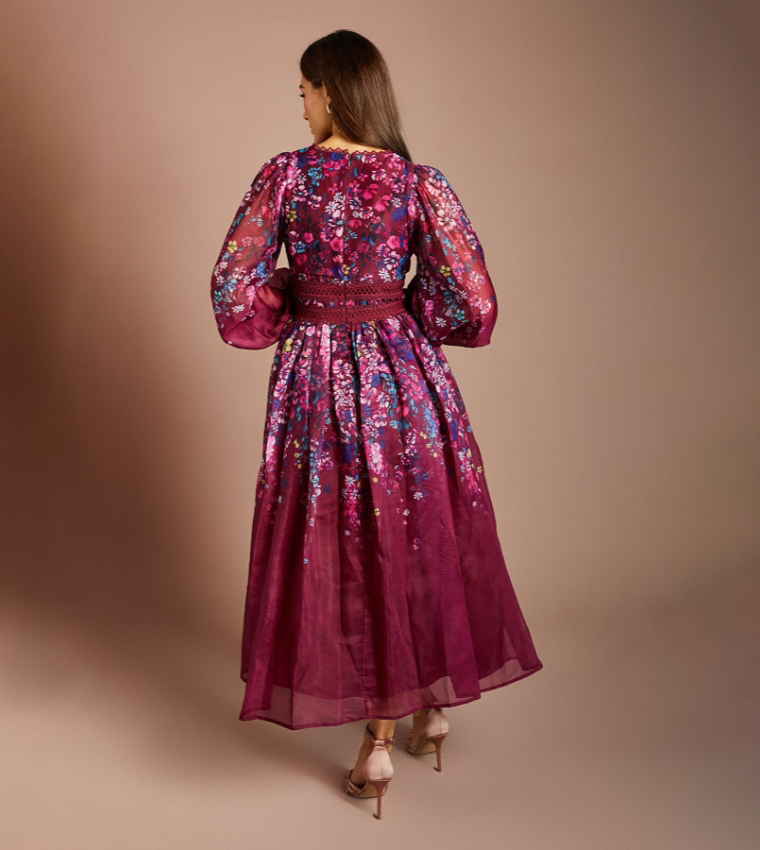 Organza Floral Placement Lace Trim Midaxi Dress