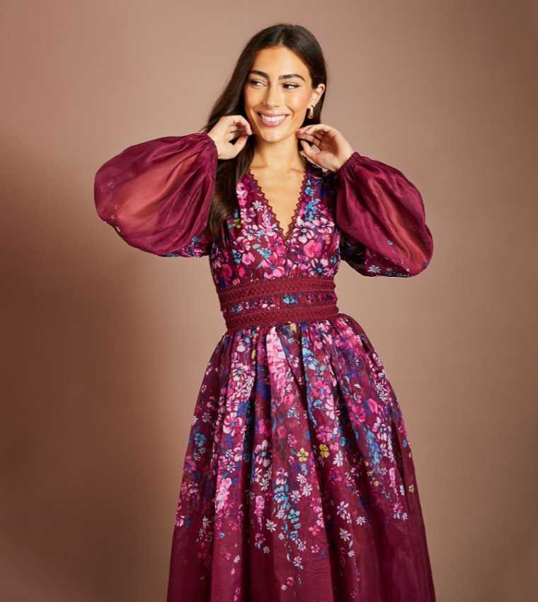 Organza Floral Placement Lace Trim Midaxi Dress
