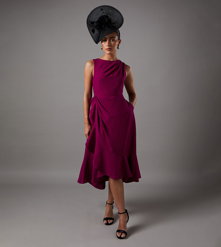coast burgundy dress Women's Sleeveless Tiered Detail Crepe Midi Dress, Burgundy