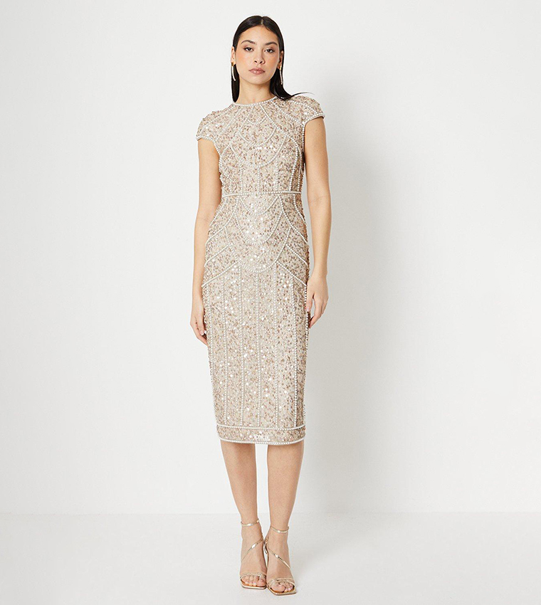 Buy Coast Cap Sleeves Pearl Embellished Pencil Dress In Beige | 6thstreet  UAE