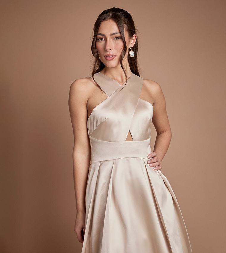 Cross Neck Twill Bridesmaid Midi Dress