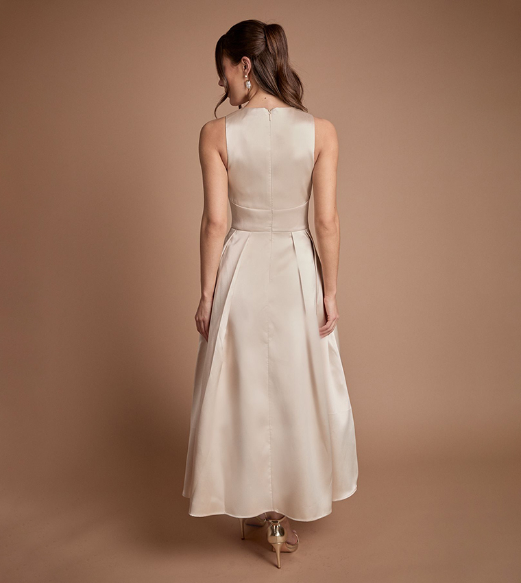 Cross Neck Twill Bridesmaid Midi Dress