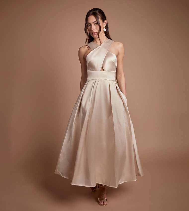Cross Neck Twill Bridesmaid Midi Dress