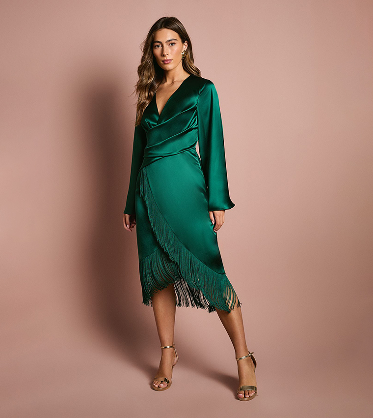 Buy Coast Satin Fringe Hem Wrap Waist Midi Dress In Green