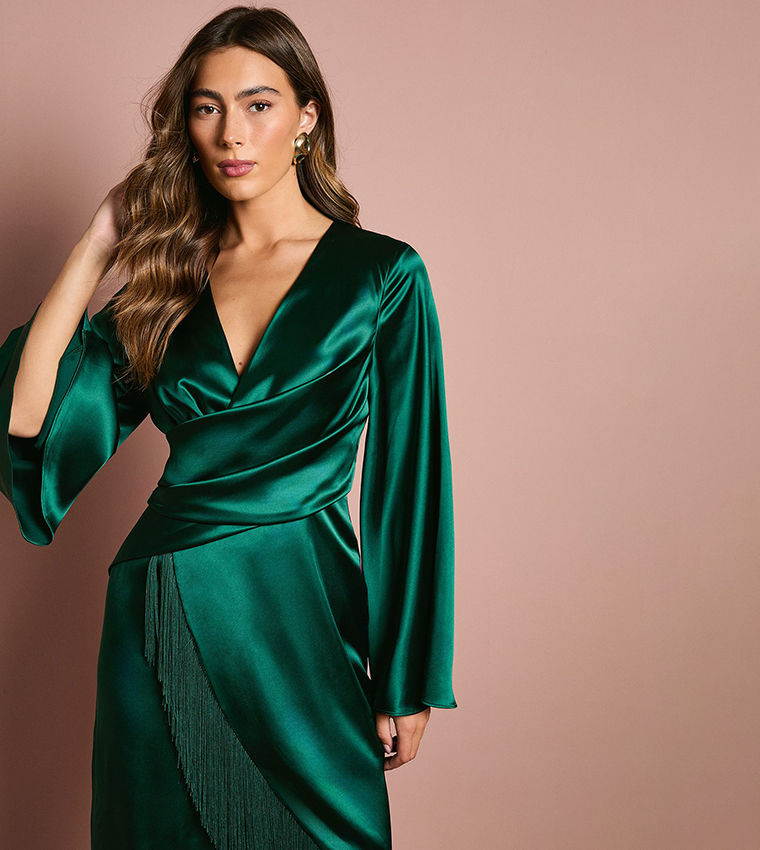 Buy Coast Satin Fringe Hem Wrap Waist Midi Dress In Green