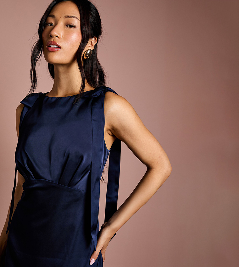 Sleeveless High Neck Tie Shoulder Maxi Bridesmaid Dress