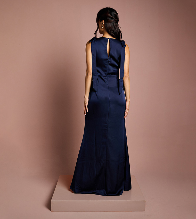 Sleeveless High Neck Tie Shoulder Maxi Bridesmaid Dress