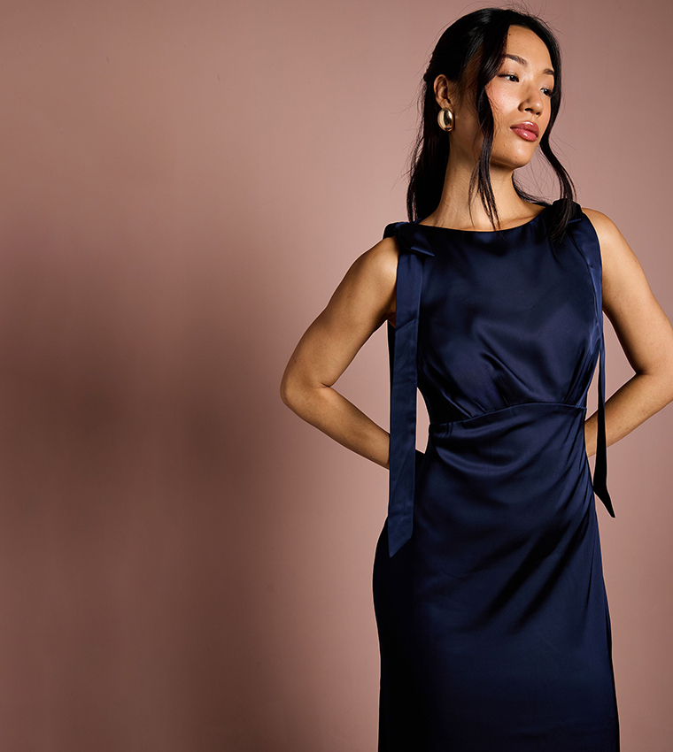 Sleeveless High Neck Tie Shoulder Maxi Bridesmaid Dress