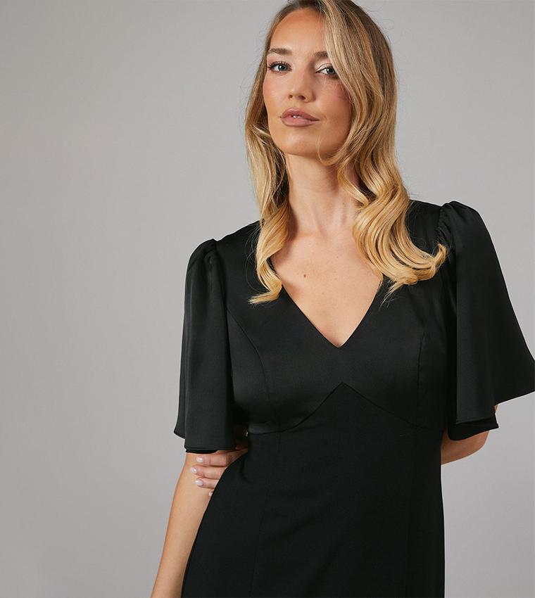 Contrast Satin Short Sleeves Open Back Bridesmaid Maxi Dress