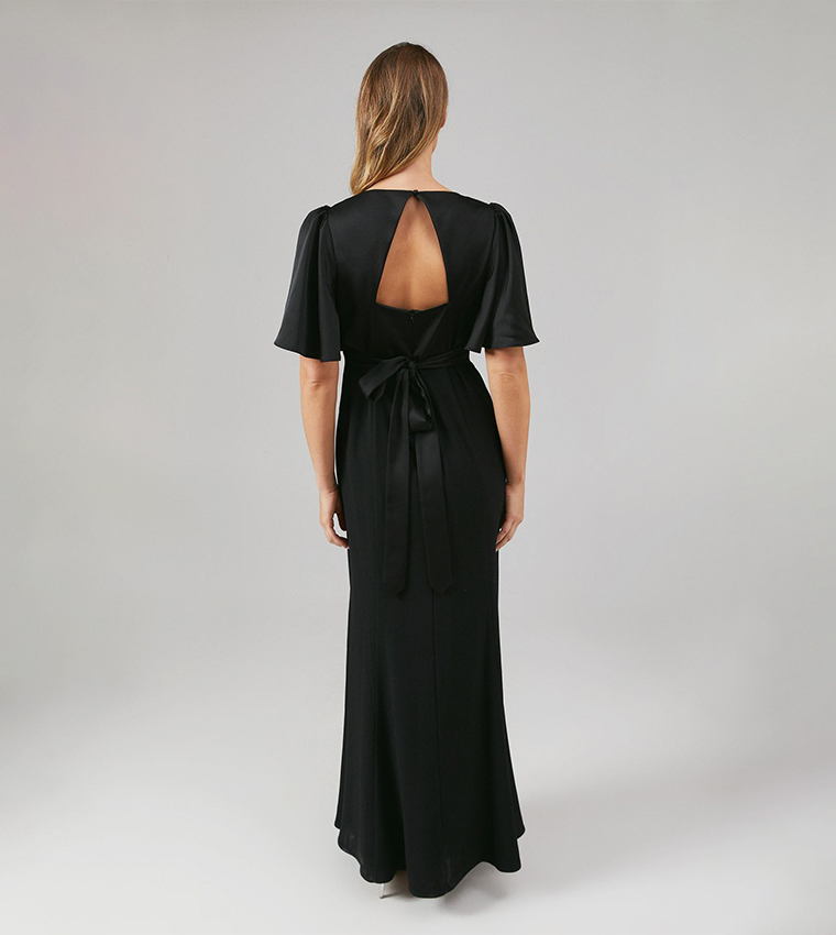 Contrast Satin Short Sleeves Open Back Bridesmaid Maxi Dress