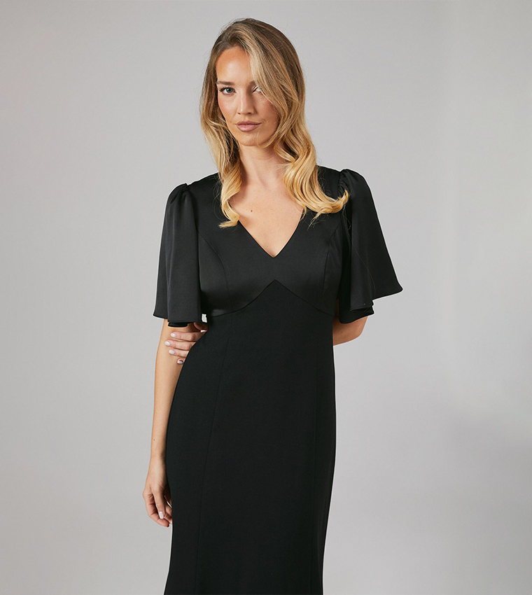 Contrast Satin Short Sleeves Open Back Bridesmaid Maxi Dress