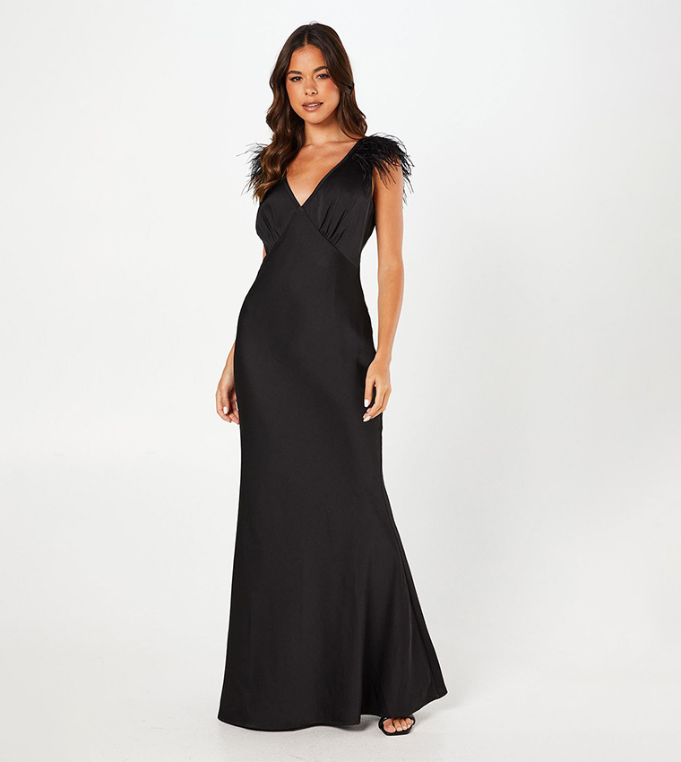 Feather Shoulder Detail V-Neck Satin Black Maxi Dress