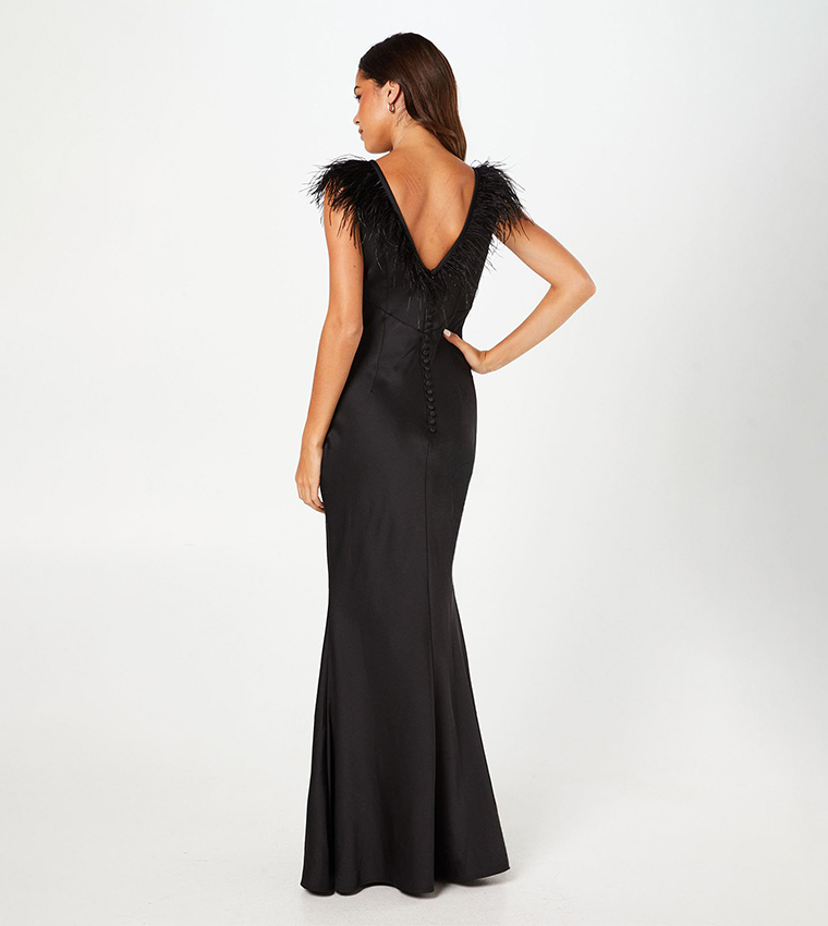 Feather Shoulder Detail V-Neck Satin Black Maxi Dress