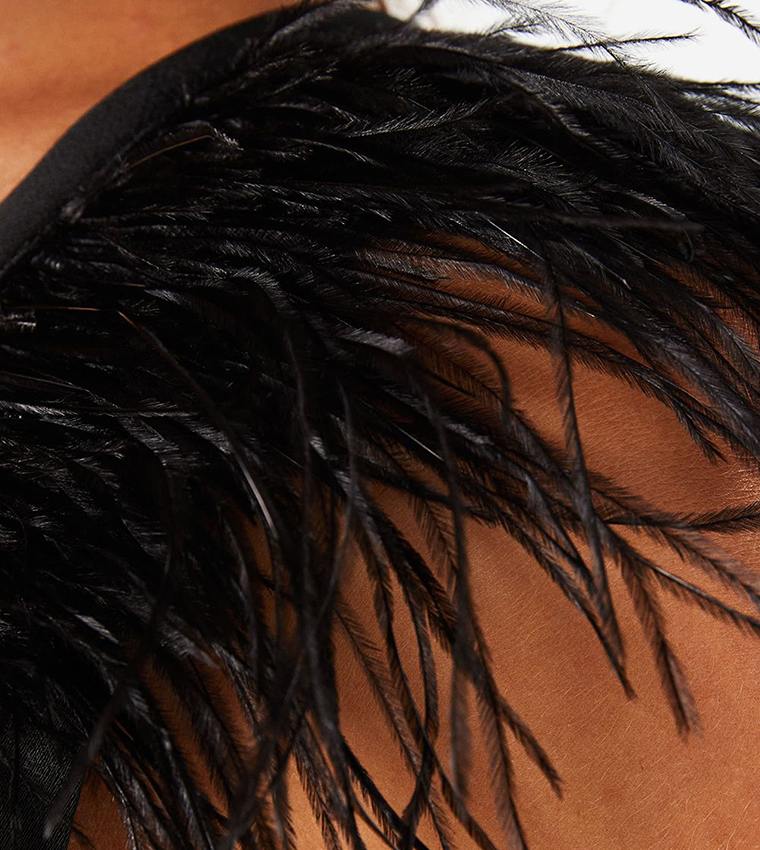 Feather Shoulder Detail V-Neck Satin Black Maxi Dress