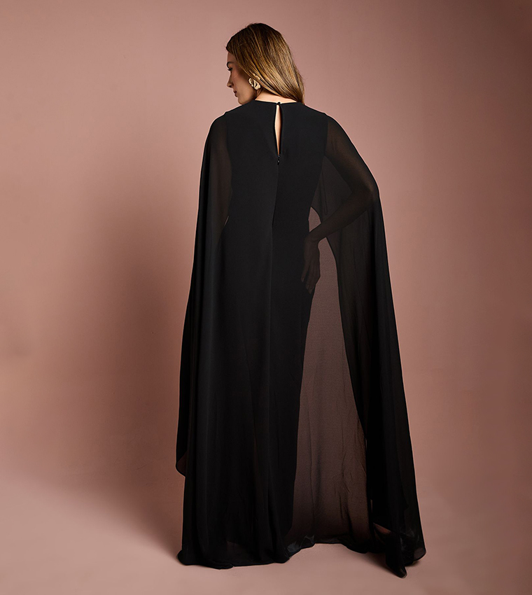 Solid Cape Sleeves Maxi Dress