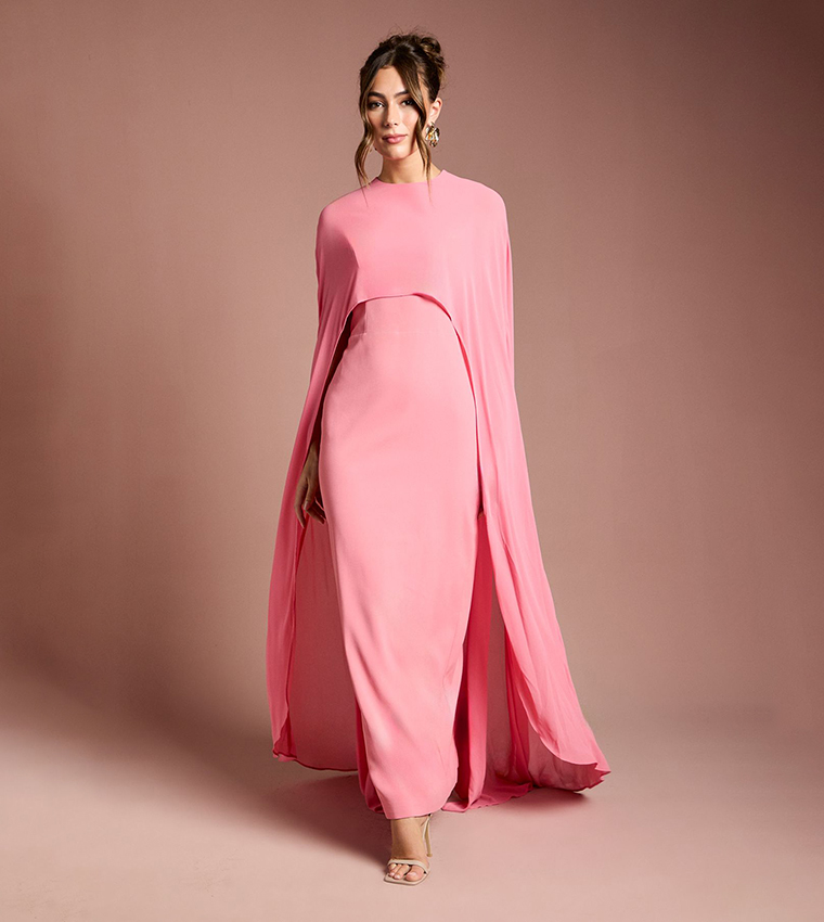 Solid Cape Sleeves Maxi Party Dress