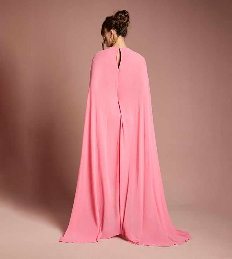 Solid Cape Sleeves Maxi Party Dress