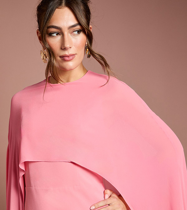 Solid Cape Sleeves Maxi Party Dress