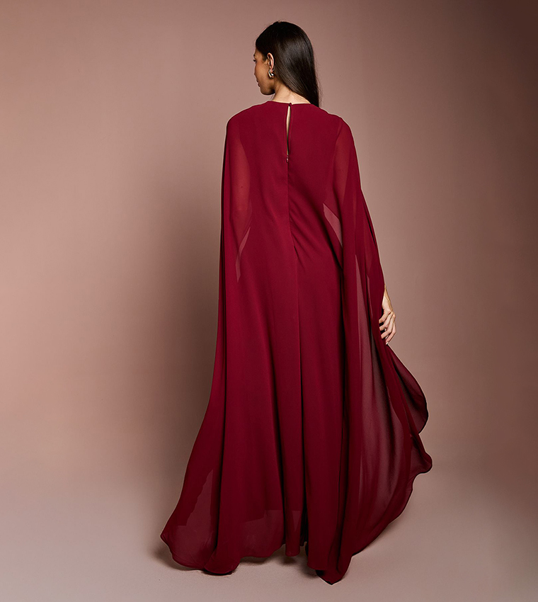 Solid Cape Sleeves Maxi Party Dress