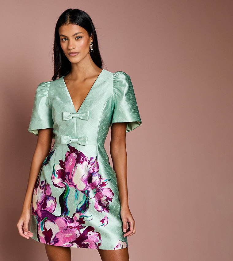 Petite Placement Print Bow Detail Mini Dress