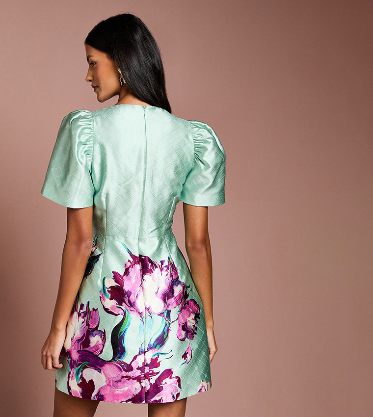 Petite Placement Print Bow Detail Mini Dress