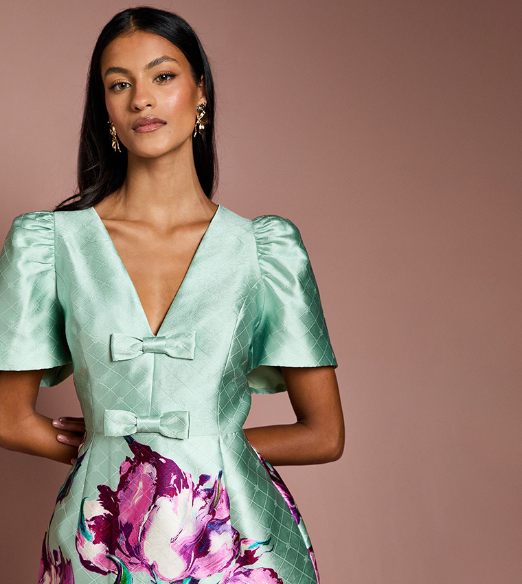 Petite Placement Print Bow Detail Mini Dress