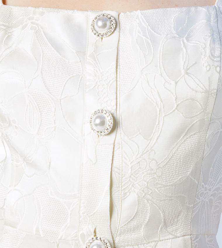 فستان ميني جاكار مزخرف بأكمام منتفخة وزر لؤلؤ