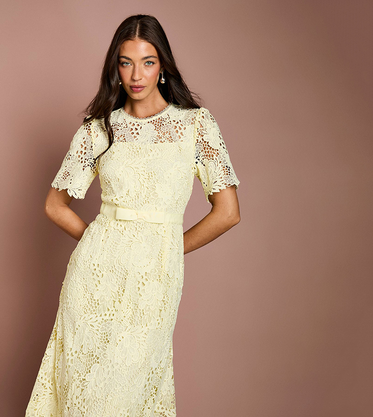 coast lace midi dress with bow belt Berry Coast Lace Midi Dress With Bow Belt