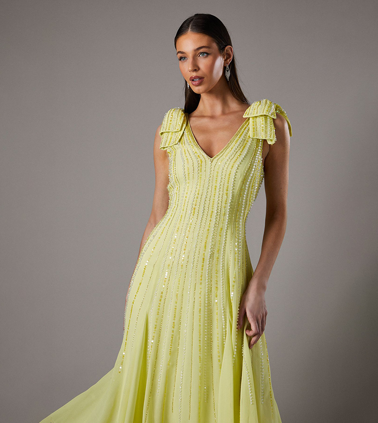 Bow Shoulder Embellished Midi Dress