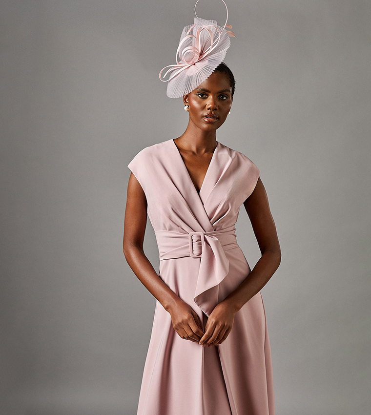 V-Neck Belted Crepe Midi Dress