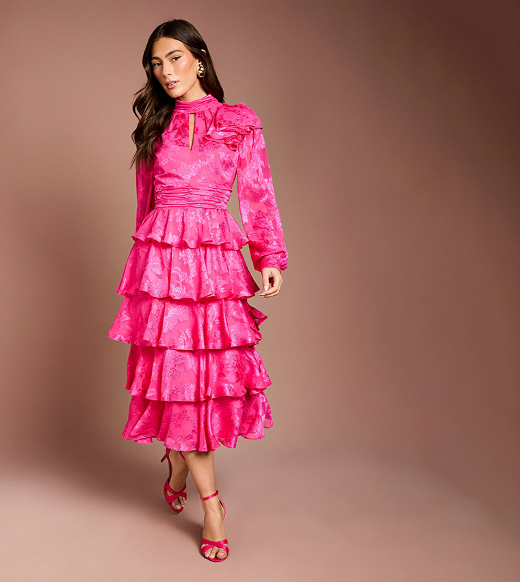 Buy Coast Jacquard Tiered Long Sleeves Midi Dress In Pink | 6thStreet Qatar
