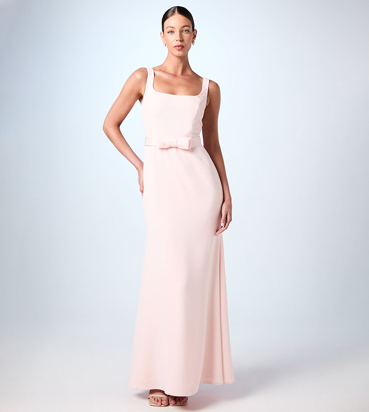Square Neck Bow Detail Crepe Maxi Dress