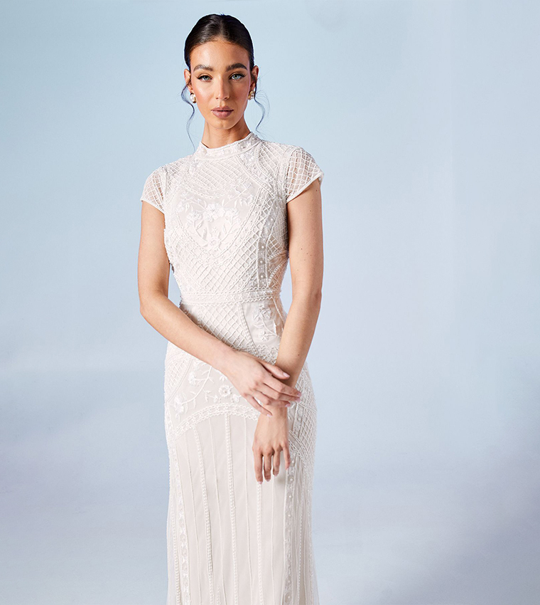 chinese dress ladies Lucienne Embellished Cut-Out Fishtail Maxi Dress in White main image 1