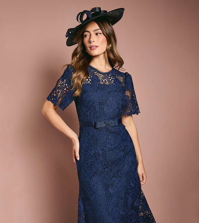 Lace Midi Dress with Bow Belt