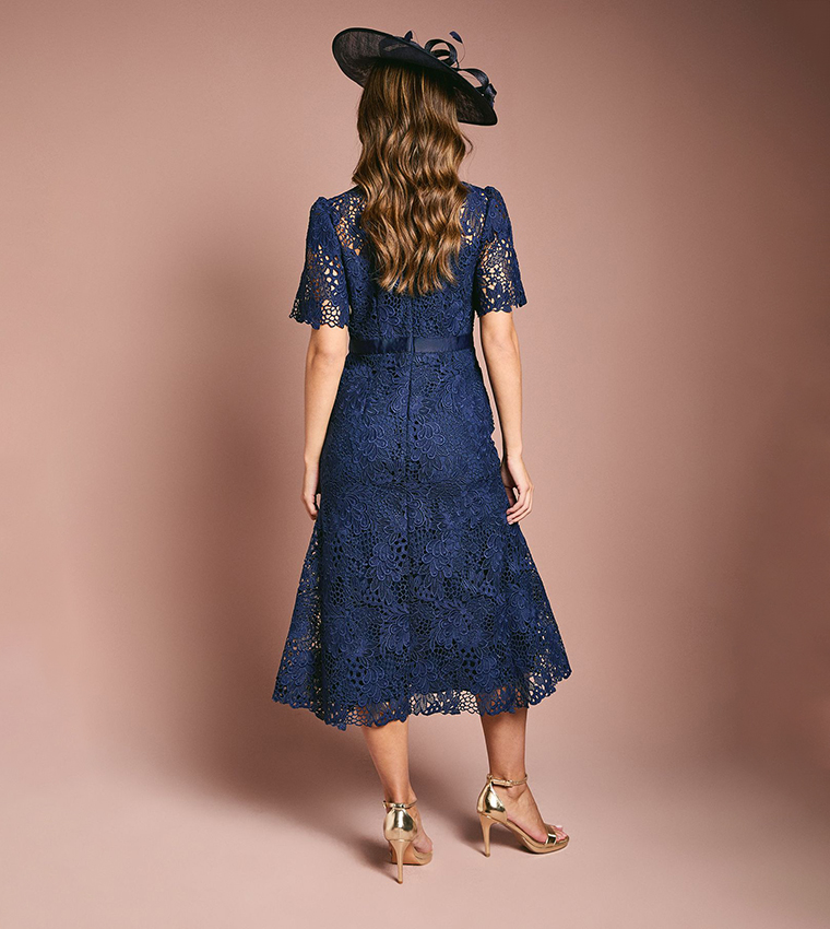 Lace Midi Dress with Bow Belt