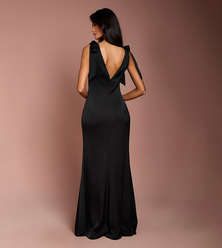 Petite Satin Back Crepe Tie Shoulder Maxi Bridesmaid Dress