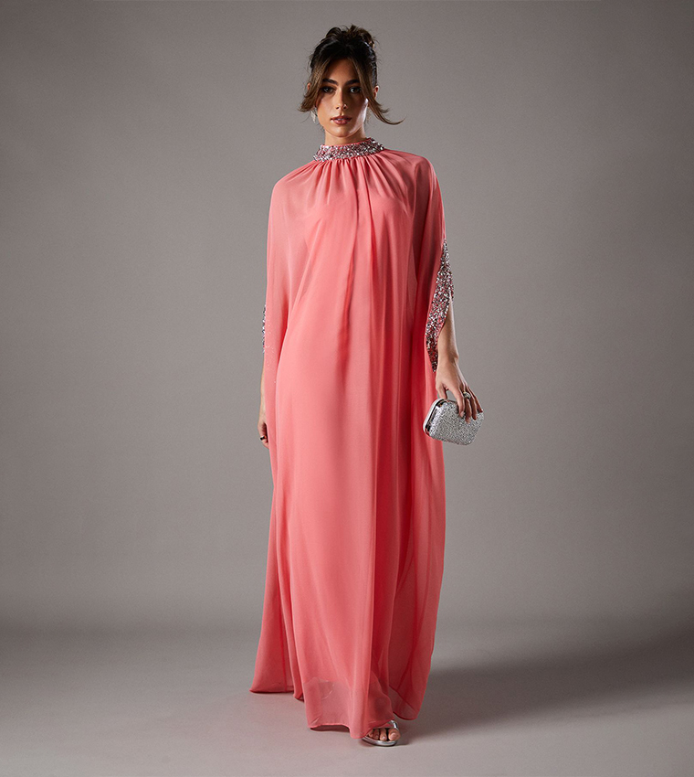 Sequined Chiffon Cape Style Maxi Dress