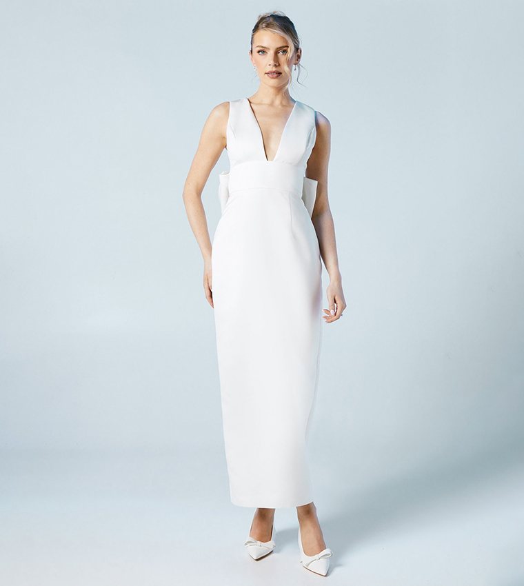 Plunge Neck Structured Satin Bow Back Wedding Dress