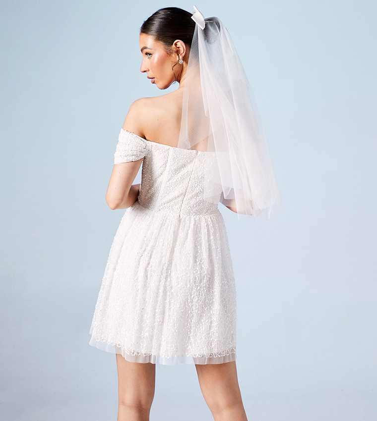 Embellished Bardot Bridal Mini Dress
